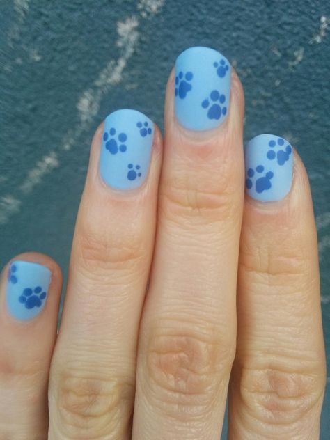 Puppy Print Nails, Bluey Nails Design, Paw Print Acrylic Nails, Newborn Nails Design, Blue Clues Nails, Bluey Dog Nails, Bluey And Bingo Nail Ideas, Pawprint Nail Designs, Nails With Dog Design