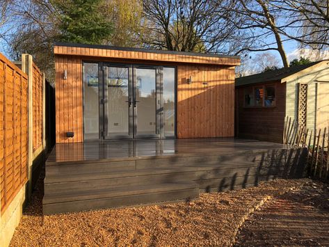 Garden office shed combo-1 Garden Sheds Uk, Upvc Sliding Doors, Garden Office Shed, Contemporary Garden Rooms, Office Shed, Shed Office, Garden Pods, Narrow Garden, Cedar Cladding