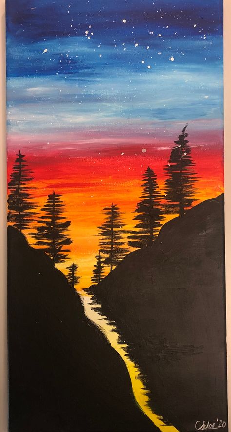 Acrylic Landscape Painting. The photos are two examples of previously done paintings. These can be ordered to match already done paintings (more to come) or can be customized. Items are made to order, so please allow 2-3 weeks for creation. Easy Sunsets To Paint, Painting Ideas Forest Easy, Simple Wood Painting Ideas, Autumn Sunset Painting, Landscape Paintings Acrylic Step By Step, Panting Photo Ideas, Landscape Art Easy, Simple Landscape Art, Landscapes To Paint