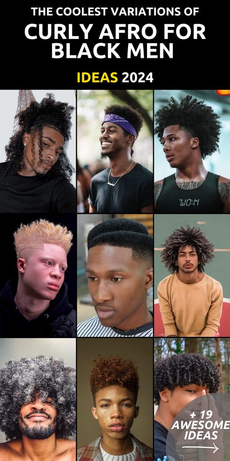 Elevate your grooming routine with our exclusive collection of 19 Standout Curly Afro Hairstyles for Black Men in 2024. Dive into a world of texture and dimension, from short and sassy curls to bold and beautiful afros. Whether you're into braids or prefer a more natural aesthetic, our guide offers a plethora of styling options to suit your taste. Mens Afro Hairstyles, Afro Men Hairstyles, Short Afro Hairstyles Men, Black Men Afro Hairstyles, 4c Hairstyles Men, Curly Afro Men, Men Afro Hairstyles, Black Men Curly Hair, Curly Hair Black Men