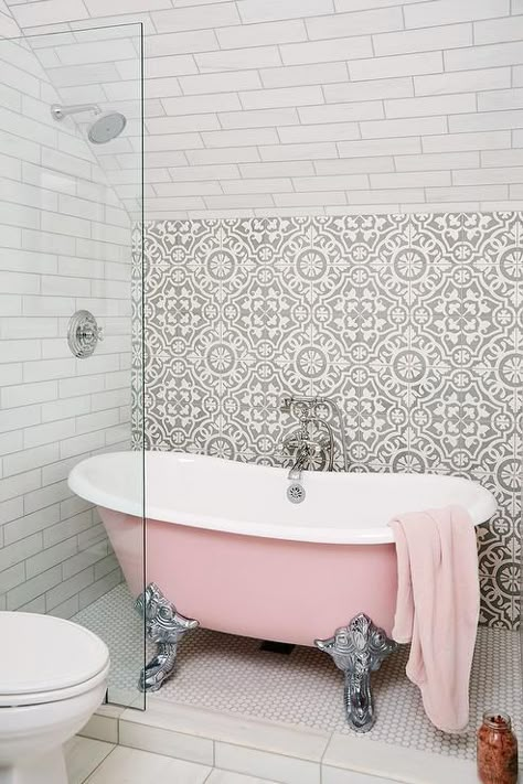 Pink Vintage Bathtub with Silver Claw Feet Tiled Ceiling, Clawfoot Tub Bathroom, Bathtub Shower Combo, Clawfoot Tub Shower, Vintage Bathtub, Tub Bathroom, Upstairs Bathrooms, Tub Shower Combo, Tub Shower