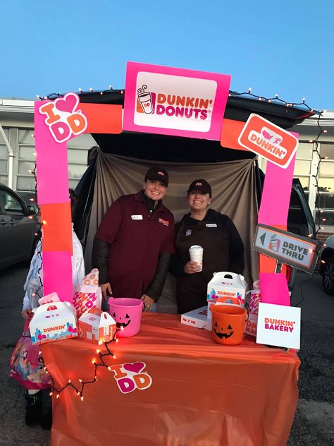 Dunkin Donut Trunk Or Treat Ideas, Dunkin’ Donuts Trunk Treat, Trunk Or Treat Donut Theme, Trunk Or Treat Food Truck, Coffee Shop Trunk Or Treat, Dunkin Trunk Or Treat, Dunkin’ Donuts Trunk Or Treat, Dunkin Donuts Trunk Or Treat, Duncan Donuts