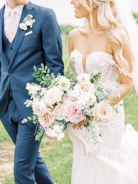 Pink Blue Wedding Bouquet, Blue And Pink Wedding Florals, Blue And Pink Wedding Flowers, Flower Color Palette, Traditional Bouquet, Elevated Wedding, Real Wedding Flowers, Blue And Blush Wedding, Small Wedding Bouquets