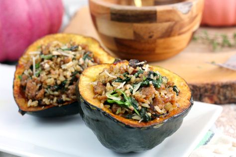 Sausage, Wild Rice, and Mushroom Stuffed Acorn Squash Sausage Wild Rice, Wild Rice Stuffed Acorn Squash, Rice Stuffed Acorn Squash, Sausage Stuffed Acorn Squash, Parmesan Squash, Acorn Squash Recipe, Squash Fries, Sausage Rice, Mushroom Stuffed