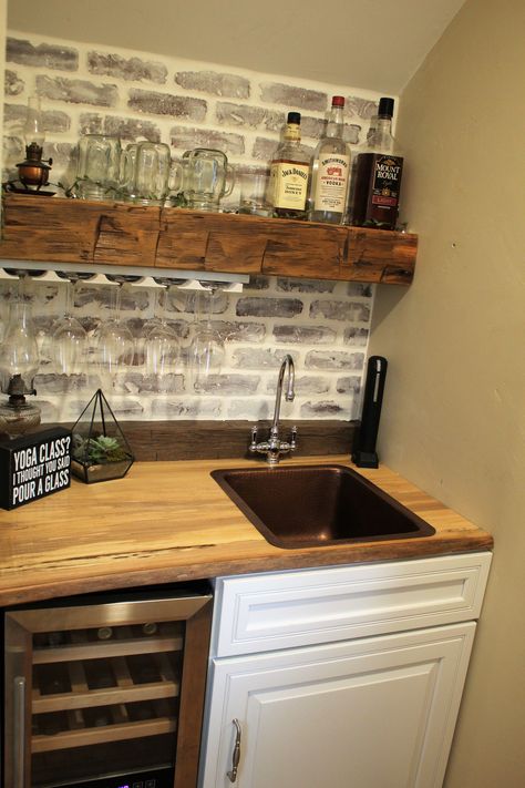 Shed Addition Ideas, Bar With Sink, Barnwood Bar, Industrial Home Bar, Diy Basement Bar, Barnwood Shelf, Under Staircase, Living Room Addition, Copper Bar Sink