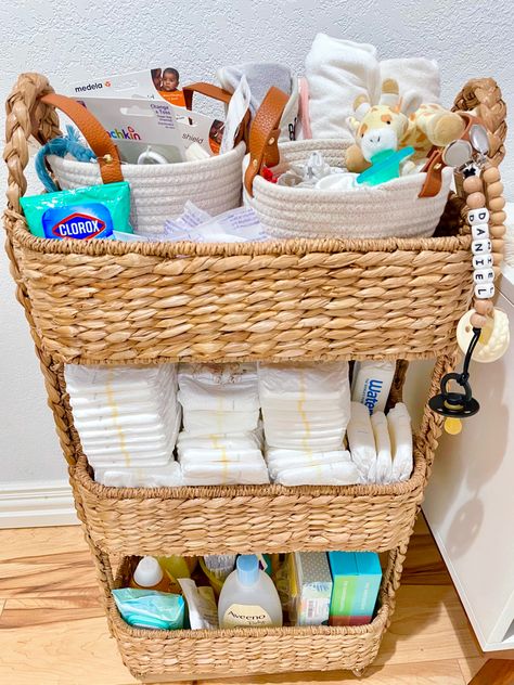 Target Organization Storage, Nursery Organization Baskets, Bedside Nursery Setup, Bedside Nursery Station, Nursery Without Closet, Bedside Newborn Station, Rv Baby Nursery, Newborn Bedside Station, Bedside Baby Station