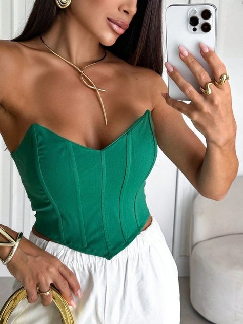 Verde Casual,elegante,Sensual,Boho,Festa Collar  Tecido de malha Animal,Simples  Embellished  Outono,Primavera,Primavera / Outono,Verão,Inverno,Todos,Primavera / Verão,Outono / Inverno,Primavera / Verão / Outono Spring Trends Outfits, Top Strapless, Blue Black Color, Satin Corset, Ladies Turtleneck Sweaters, Corset Crop Top, Retro Mode, Swimwear Dress, Sweatshirt Short Sleeve