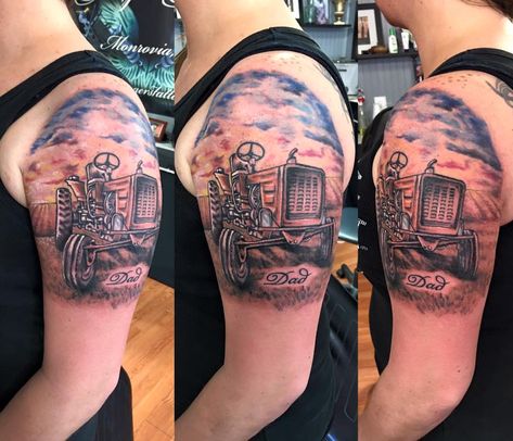 Farming Tattoos Ideas, Tractor Tattoo Memorial, Tractor Tattoo Ideas, Farm Tattoo Ideas, Trailer Tattoo, Tractor Tattoo, Tattoo Mechanic, Farmer Tattoo, Farm Tattoo