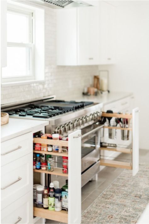 When renovating design and function are ideal. For extra function, we added more little details, like this one: pull out drawers for spices and utensils, right where they will be needed most. #kitchenideas #kitchendecor #homedecoration Spice And Utensil Pull Out, Slide Out Utensil Drawer, Vertical Utensil Drawer, Kitchen Cabinets Pullouts, Kitchen Spice Pull Out, Spice Pull Out Drawer, Utensil Pull Out, Kitchen Drawer Layout Ideas, Functional Kitchen Drawers