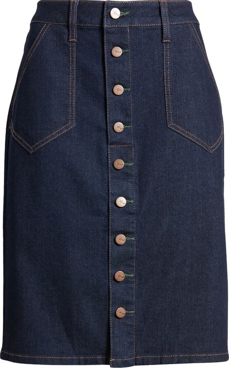 1822 Denim Button Front Denim Skirt | Nordstrom Jean Skirt Long, Flare Gown Styles, Button Front Denim Skirt, Long Jean Skirt, Perfect Dark, Flare Gown, Button Outfit, Gown Styles, Brass Buttons