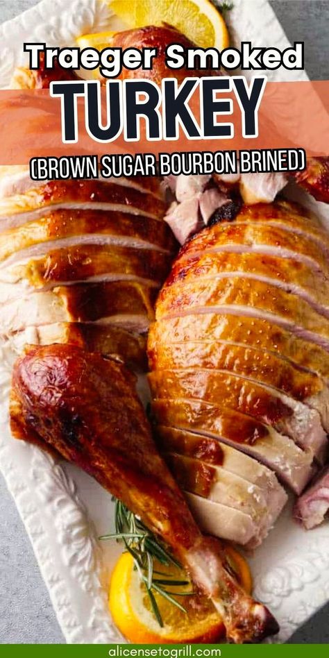 Step up your turkey game during the holidays and be sure to impress your
 guests with this Traeger smoked turkey, infused with a brown sugar 
bourbon brine. This turkey is packed full of smoky-sweet flavors 
complemented by the natural flavors of the bourbon. The brown sugar 
bourbon butter glaze really takes it to the extreme and makes this an 
unforgettable centerpiece for your turkey-day feast! Whiskey Brine For Turkey, Turkey Brine For Smoked Turkey, Traeger Turkey, Bourbon Brine, Traeger Smoked Turkey, Smoked Turkey Brine, Smoked Pizza, Bourbon Turkey, Bourbon Butter