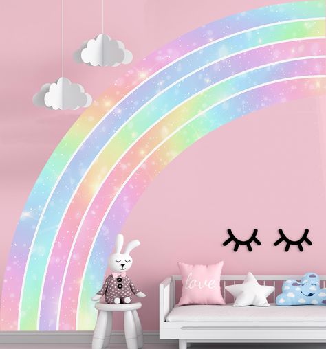 PRICES MAY VARY. LARGE HALF RAINBOW WALL DECALS - You will receive 4 sheets holographic vinyl rectangle rainbow wall stickers, Finished size 56 x 57 inches, the size is enough to cover the wall, Big rainbow wall decals combine five bright bling bling colors will bring your kids a good mood, ensuring a more eye-catching and impressive display. SPECIAL BLING AFFIRMATION DESIGN - The colorful half rainbow wall sticker designed by unique bling colors style with magic and sweetness, which are so cute Rainbow Dinosaur Room, Rainbow Girls Room Ideas, Rainbow Mural Kids Room, Rainbow Accent Wall, Half Rainbow Wall, Girls Bedroom Color Schemes, Affirmation Design, Rainbow Wall Mural, Rainbow Room Kids