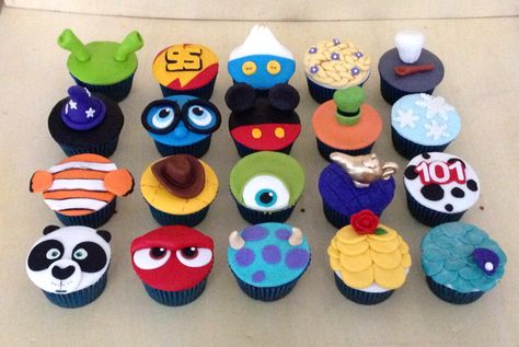 Disney, pixar, dreamworks cupcakes! Easy Disney Cupcakes, Disney Cupcakes Ideas Easy, Disney Character Cupcakes, Disney Cupcakes Ideas, Pixar Theme Birthday Party, Inside Out Cupcakes, Pixar Cupcakes, Donut Inspiration, Pixar Birthday