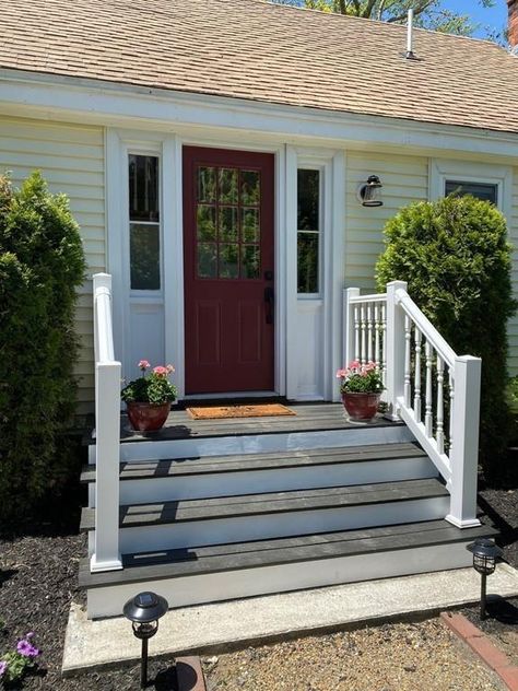 Front Entrance Stairs Outside, Entry Stairs Exterior, Exterior Stairs To Front Door, Front Door Steps, Covered Entry, Front Porch Steps, Front Stairs, Front Porch Makeover, Front Stoop