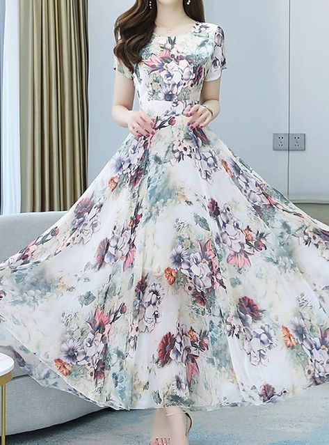 Long Sleeve Floral Maxi Dress, Chiffon Party Dress, Cheap Maxi Dresses, Womens Long Dresses, Dress Stores Online, Maxi Dress Online, Floral Print Maxi Dress, Crewneck Dress, Vacation Dresses