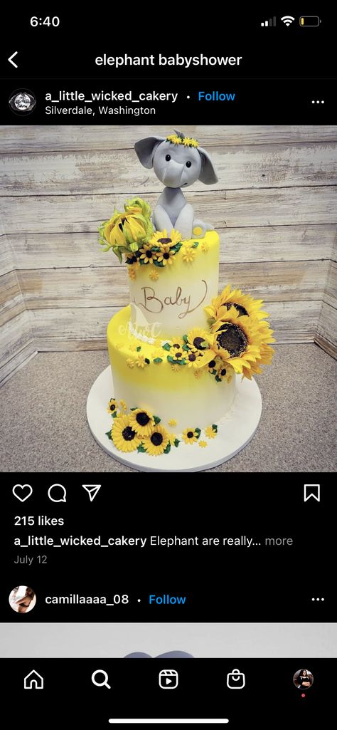 Sunflower Elephant Cake, Sunflower Theme Gender Reveal, Sunflower And Elephant Baby Shower Ideas, Sunflower Gender Reveal, Sunflower Baby Shower Cake, Sunflower Baby Shower Ideas, Yellow Baby Shower Theme, Elephant Sunflower, Shower 2023