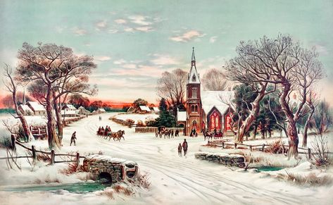 Christmas Eve by Hoover & Son. Original from The New York Public Library. Digitally enhanced by rawpixel. | free image by rawpixel.com / New York Public Library (Source) Christmas Landscape, Christmas Church, Painting Snow, Holiday Painting, Country Landscaping, Christmas Poster, Vintage Winter, Winter Forest, Vintage Life