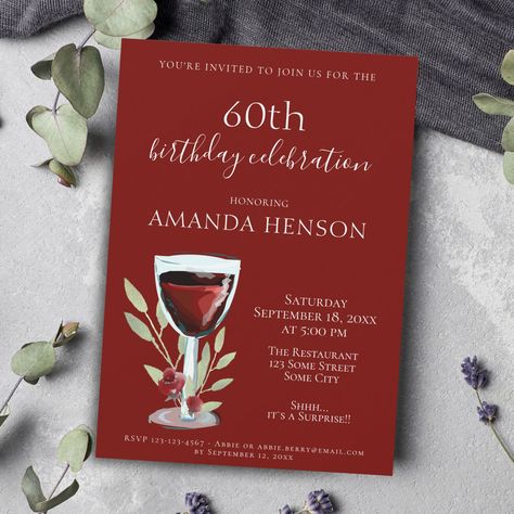 60th Wine Birthday Party, 60th Birthday Red And Gold, Invitation For 60th Birthday For Women, Wine Birthday Party Invitations, 60th Birthday Wine Labels, 82nd Birthday, 98th Birthday, Surprise Party Invitations, Surprise Birthday Invitations