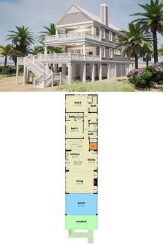 This three-bedroom beach style home offers a narrow footprint designed on wood pilings providing an outdoor living space in front and parking for two cars at the back. They flank the foyer, storage room, stairs, and elevator. Narrow Beach House Plans On Stilts, Narrow Beach House Plans, Stairs And Elevator, Narrow Beach House, Elevated Coastal Homes, Beach House Plans On Stilts, House Plans On Stilts, Beach Style Home, Foyer Storage