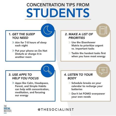 A graphic of concentration tips for students Concentration Tips, Social Emotional Health, Exam Season, Social Standards, High School Survival, Effective Study Tips, Student Life Hacks, Tips For Students, School Survival