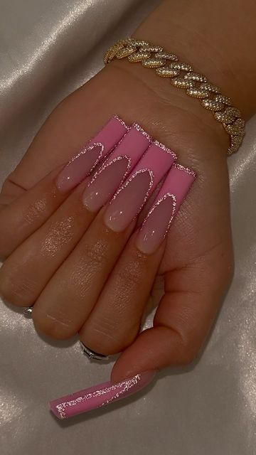 Pink Nail Set Ideas, Pink Square Acrylic Nails With Rhinestones, Pink And Pink French Nails, Pink French Tip Acrylic Nails With Rhinestone, Pretty Pink Dip Nails, Long Pink French Tip Acrylic Nails, Pink Frenchies Acrylics, Pink French Design Nails, Pink Aycrlic Nails Design