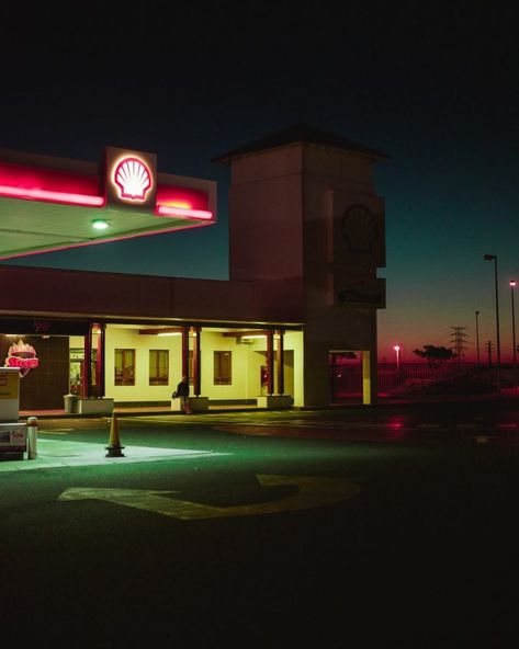 Gas Station At Night, Vaporwave Sunset, My Love Photo, Fuel Station, Fotografi Kota, Building Exterior, Street Photographers, Night City, Foto Pose