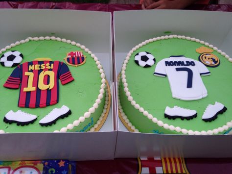 I custom ordered these for my twins birthday Messi & Ronaldo cakes Messi Birthday Party Ideas, Messi Birthday Party, Cakes For Twins, Ronaldo Birthday, Soccer Cakes, Messi Birthday, Football Theme Birthday, Football Birthday Cake, Ronaldo Soccer