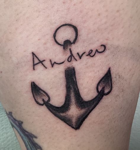 An anchor tattoo represents hope, salvation, composure, calm and steadfastness. It also represents security, stability, and being grounded. With a name on it, it can symbolize that a person is holding on to someone they hold dear or that they feel keeps them grounded, secure and stable....THANK YOU ANDREW!! 💙💙 Andrew Tattoo Name, Andrew Name, Andrew Tattoo, Being Grounded, Tattoo Name, Anchor Tattoo, Name Tattoos, Infinity Tattoo, Tattoos