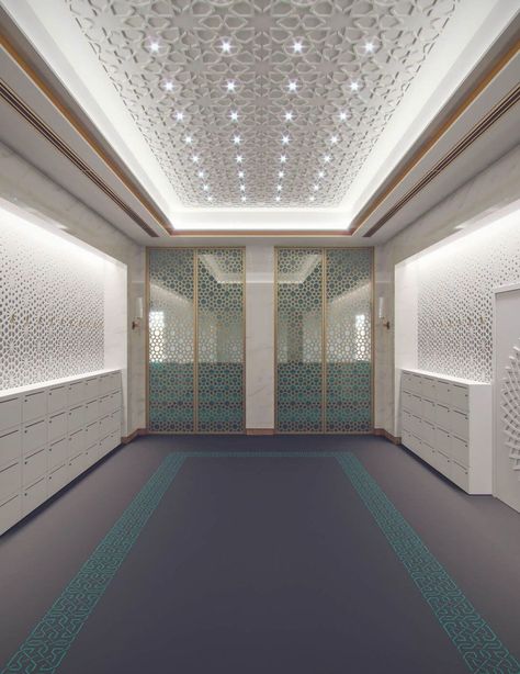 Leicester Modern Islamic Mosque Interior Design - Leicester - CAS Luxury Hotel Entrance, Mosque Interior Design, Musholla Rumah, Masjid Interior, Ceiling Cove, Interior Masjid, Modern Mosque, Mosque Interior, Islamic Interior Design