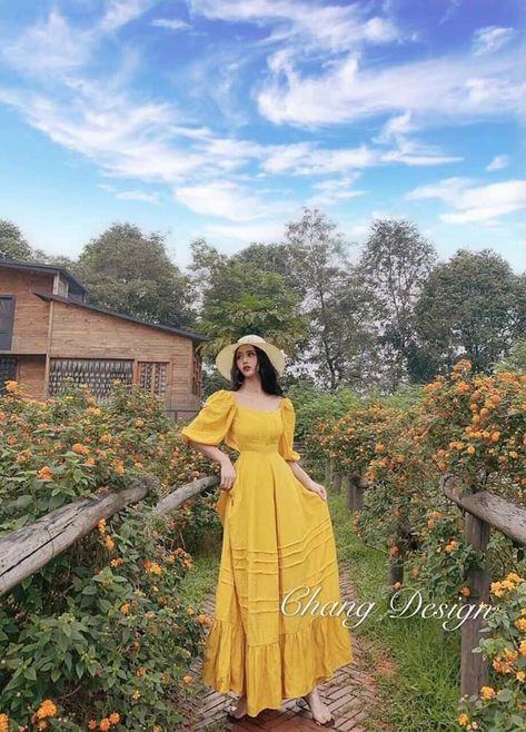 Long Orange Dress, Sundress Aesthetic, Outfit Boards, Yellow Sundress, Korean Fashion Trends, Beach Fashion, Fashion Attire, Stylish Dress Designs, Fashion Design Clothes