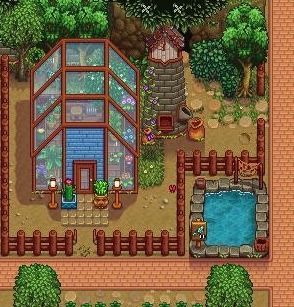 Forest Farm Inspo Stardew, Farm Set Up Stardew, Stardew Starter Farm, Stardew Valley Greenhouse Outside, Stardew Valley Inspo Farm, Sdv Forest Farm Ideas, Star Dew Valley Forest Farm, Stardew Forest Farm Layout Cute, Stardew Monster Farm Layout