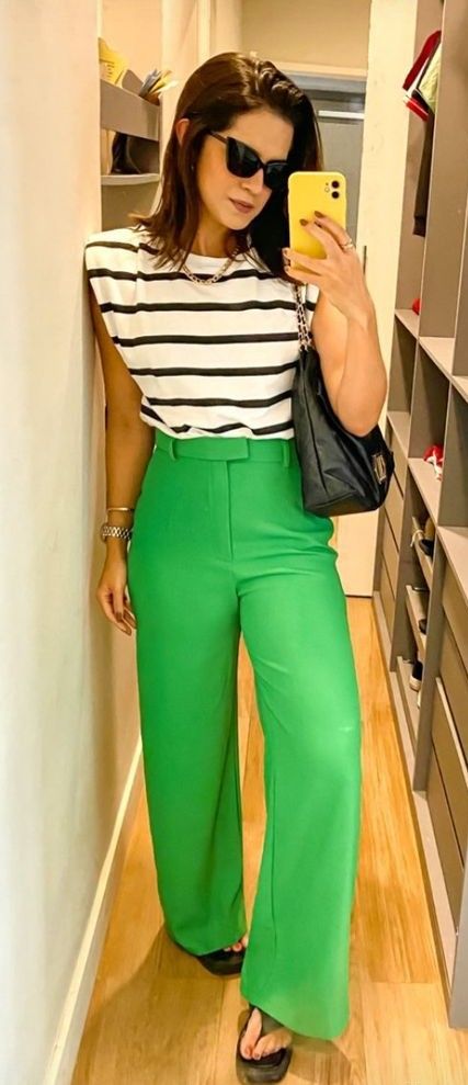 Kelly Green Pants Outfit Summer, Kelly Green Wide Leg Pants Outfit, Pale Green Pants Outfit, Kelly Green Pants Outfit Work, Emerald Green Pants Outfit Color Combos, Green Pants Work Outfits Women, Light Green Pants Outfit Women, Bright Green Pants Outfit, Light Blue Pants Outfit Women