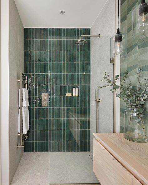 Five Sextillion | The brief was to create a Guest Shower room which would predominantly be used as a cloakroom. We chose bold glossy bottle green glazed and… | Instagram Bathroom Alcove, Small Dark Bathroom, Spa Style Bathroom, Small Bathroom Colors, Spa Inspired Bathroom, Small Bathroom With Shower, Tiled Shower, Bathroom Remodel Tile, Bathroom Ceiling