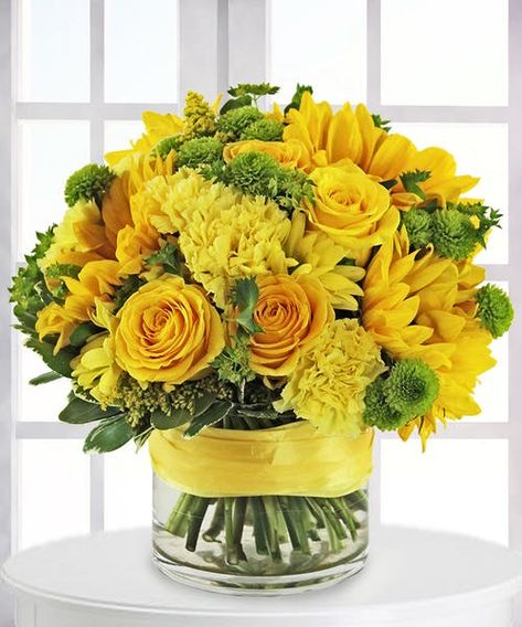 Sunny Celebrations Bouquet | Veldkamp's Flowers Edible Fruit Arrangements, Green Carnation, Basket Flower Arrangements, Yellow Carnations, Yellow Rose Flower, Yellow Bouquets, Flower Arrangement Designs, Fruit Arrangements, Creative Flower Arrangements