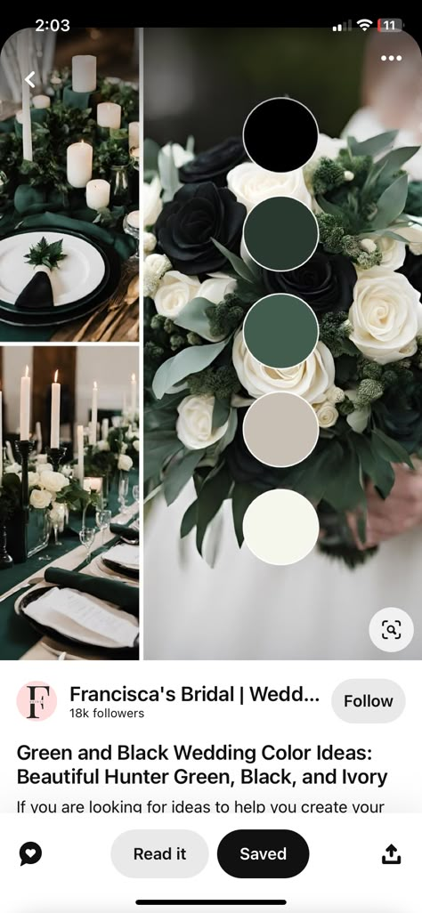 Green Black And Champagne Wedding, Black And White Wedding Rustic, Dark Green And Ivory Wedding, Black And Green Fall Wedding, Black White And Dark Green Wedding, Dark Green Black And White Wedding, Wedding Black And Green, Bottle Green Wedding Theme, Black White Green Wedding Color Schemes