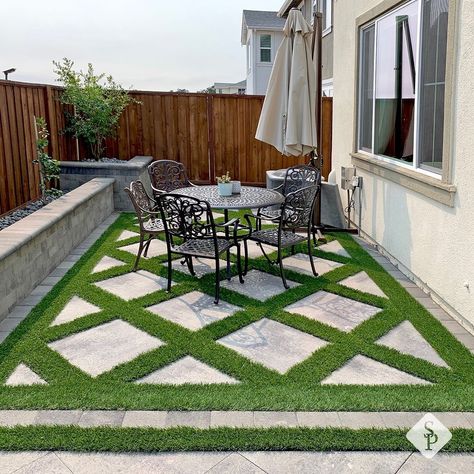 System Pavers 🏡 on Instagram: “Smaller spaces making a BIG impact happens to be one of our favorite things! 😍” Pavers With Turf, Turf Stone Pavers, Big Pavers With Grass In Between, Small Backyard With Turf And Pavers, Turf Grid Pavers, Walkway Pavers, System Pavers, Backyard Concrete, Pavers Walkway