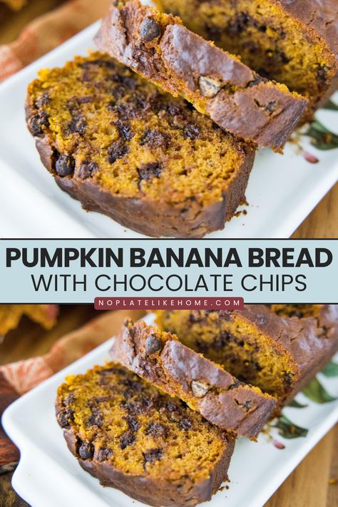 This moist and flavorful pumpkin banana bread with chocolate chips recipe is a fall dessert your family will  go bananas over- pun intended! Your house will have the aroma of fall- pumpkin, cinnamon, cloves and nutmeg. The mashed banana adds flavor & moisture! This pumpkin quick bread recipe is easy and tasty. It goes perfectly with your pumpkin spice latte or chai tea. It's fitting to enjoy on a fall day or serve for Thanksgiving dessert. Click the link to get this easy pumpkin dessert recipe! Banana Chocolate Chip Bread Recipe, Choc Chip Banana Bread, Pumpkin Banana Bread Recipe, Banana Chocolate Chip Bread, Chocolate Chips Recipe, Easy Pumpkin Recipes Desserts, Chocolate Chip Bread Recipe, Banana Bread With Chocolate Chips, Banana Bread With Chocolate