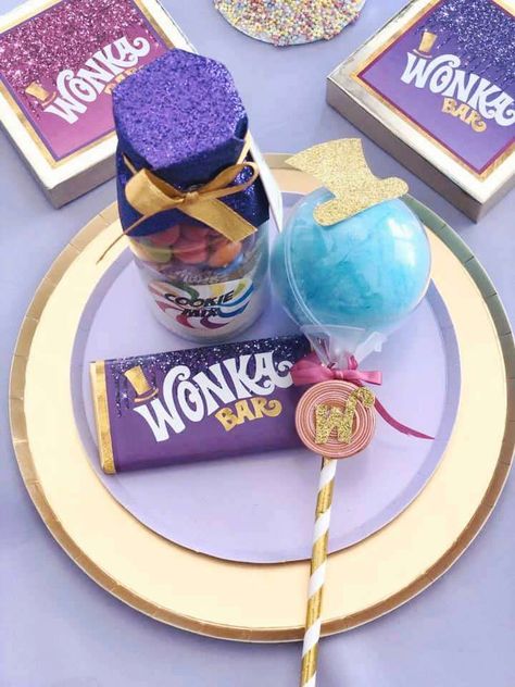 Charlie And The Chocolate Factory Birthday Party, Charlie Chocolate Factory Party, Willy Wonka Desserts, Charlie And Chocolate Factory Party, Willy Wonka Party Favors, Willy Wonka And The Chocolate Factory, Wonka Party Ideas, Willy Wonka Aesthetic, Charlie And The Chocolate Factory Party