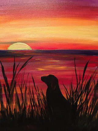 Sunset Paintings, Wine And Paint Night, Art With Meaning, Silhouette Canvas, Art Silhouette, Art Village, Silhouette Painting, Dog Canvas, Creative Painting