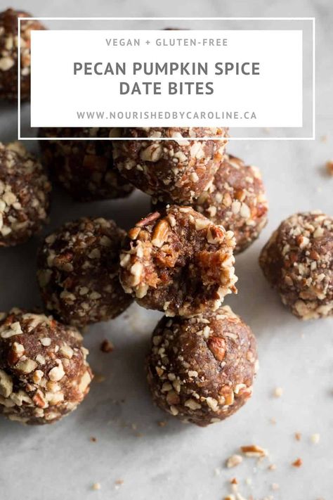 Pecan pumpkin spice date bites. These energy bites are sweetened with dates and flavored with fall spices, including cinnamon, nutmeg, ginger and clove. | Nourished by Caroline #energybites #snacks #vegansnack #datesweetened #sweetenedwithdates #healthysnack #healthyrecipes #vegan #vegetarian Date Appetizers, Date Bites, Nutritional Healing, Gluten Free Pecan, Pecan Pumpkin, Peanut Butter Energy Bites, Chocolate Chip Pecan Cookies, Nut Rolls, Energy Bites Recipes