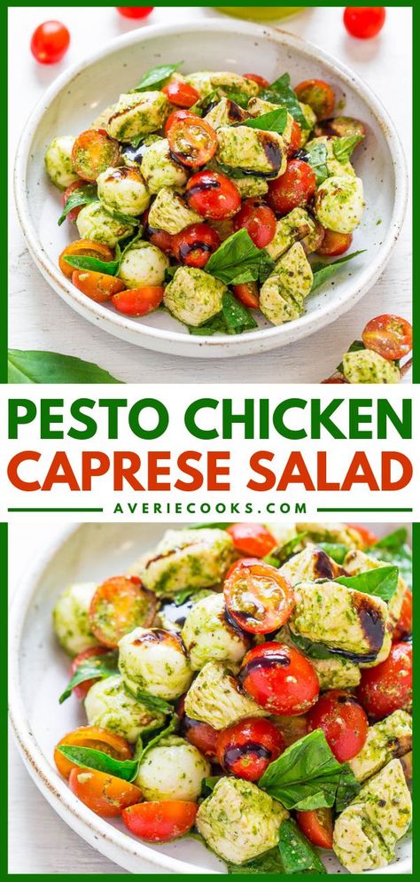 Pesto Chicken Caprese Salad, summer salad, side dishes Pesto Chicken Caprese, Chicken Caprese Salad, Classic Cobb Salad, Chicken Tomatoes, Chicken Caprese, Caprese Salad Recipe, Homemade Tzatziki Sauce, Satisfying Salads, Recipes With Few Ingredients