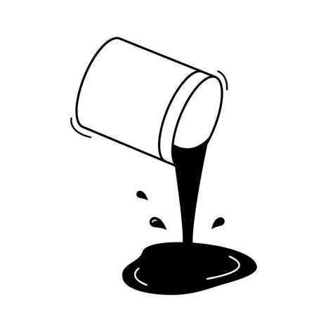 Bucket with spilling paint outline icon. Hand drawn vector illustration. Pouring liquid with splashes, drops and puddle. Doodle style. Pouring Liquid Drawing, Spilled Paint Art, Bottle Pouring Drawing, Spill Drawing, Draw Prompts, Drip Drawing, Liquid Drawing, Paint Outline, Nursery Worksheet