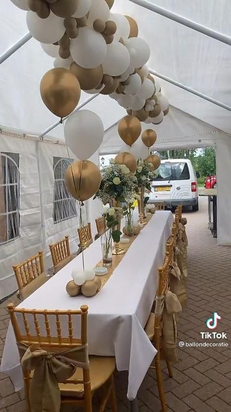 Decor For Party Events, All White And Gold Party, Simple Birthday Party Centerpieces, Classy Decorations Party, Party Hall Decor Ideas Birthday, Simple 50th Birthday Decorations, 50th Birthday Party Table Decorations, Small Party Decorations, Garage Party Set Up Ideas