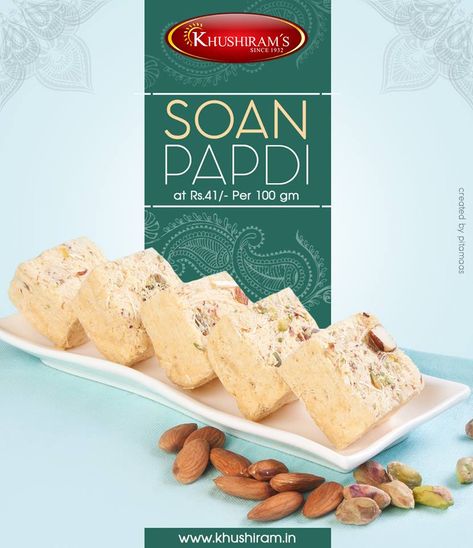 The crispy flaky Soan Papdi is Indian traditional sweets made from gram flour (besan) & mixed with dry fruits. Khushirams Soan Papdi contains richness of pure desi ghee for that perfect royal taste. Haldiram Sweets, Soan Papdi, Food Photography Cake, Sweet Box Design, Desi Ghee, Food Banner, Best Sweets, Hotel Food, Gram Flour