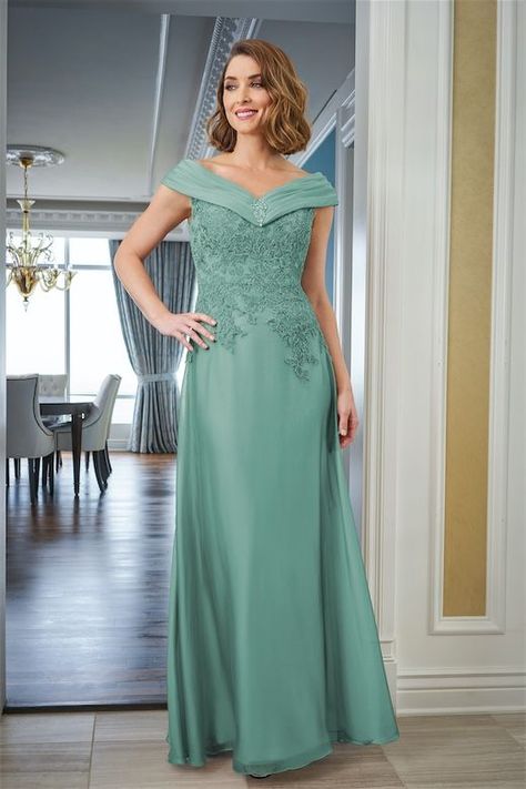 J225071 Jade Tiffany Chiffon and Lace Dress with Portrait Neckline and Drop Waisted Bodice Mother Of The Groom Gowns, Portrait Neckline, Simple Bridal Gowns, Bride Groom Dresses, Dress Mother Of The Bride, Mother Of The Bride Gown, Dress Bride, Mother Of Groom Dresses, Mother Wedding Dress