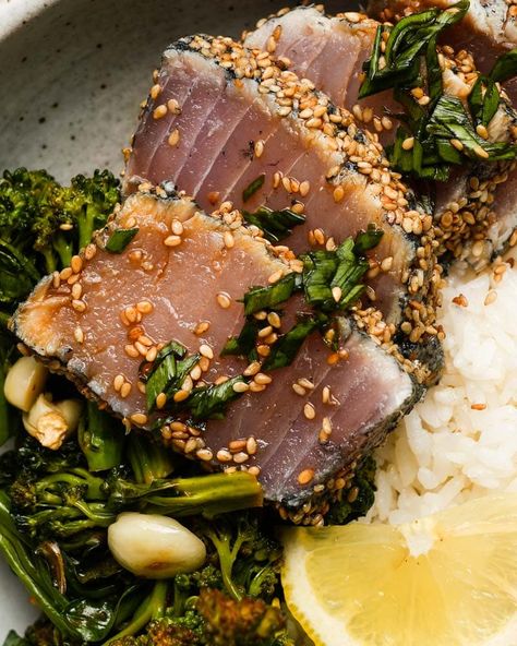 Seared Albacore Tuna with Lemon Ponzu Sauce | Lindsey Eats Seared Albacore Tuna, Albacore Tuna Recipes, Toasted Sesame Dressing, Tuna Loin, Seared Ahi Tuna, Ahi Tuna Steak, Ponzu Sauce, Tuna Steak Recipes, Seared Ahi