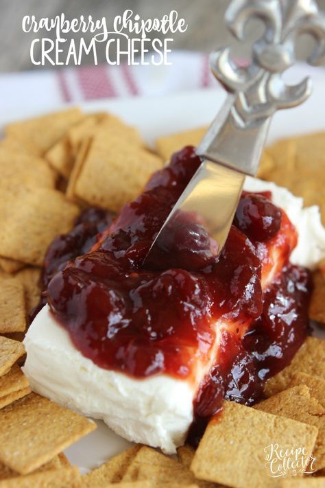 Cranberry Chipotle Cream Cheese - The smoky flavor of chipotle peppers mixed with sweetened cranberries served on top of cream cheese makes a great holiday appetizer served with crackers. Chipotle Cream Cheese, Best Christmas Appetizers, Chipotle Peppers, Cranberry Cheese, Holiday Appetizer, Cream Cheese Dips, Finger Foods Easy, Cheese Making, Brie Cheese