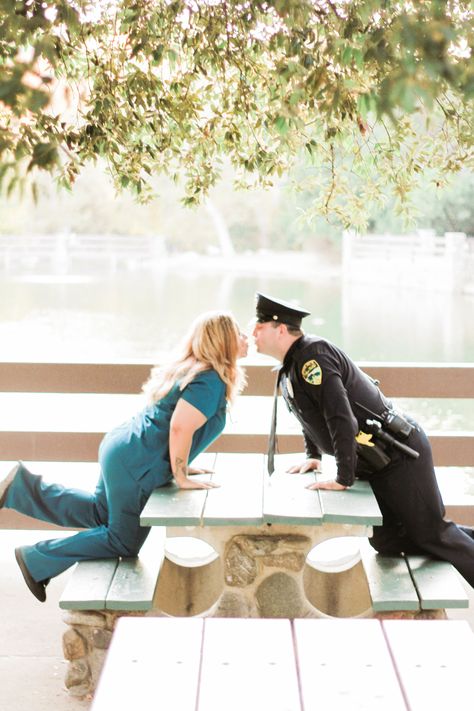 What happens when a police officer and a nurse get engaged in Orange County, CA? The cutest engagement photos with Juliet Peel Photography Police Nurse Couple, Cop And Nurse Couple, Police And Nurse Couple Photos, Police Wedding Photos, Police Engagement Photos, Police Couple, Cop Wedding, Nurse Couple, Happy Poses