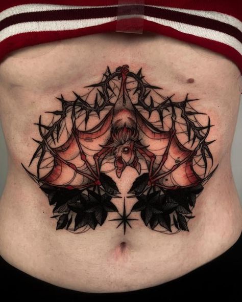 Bat underboob tattoo with thorns Spooky Underboob Tattoo, Bat Underboob Tattoo, Bat Skeleton, Underboob Tattoo, Bat Flying, Hanging Bat, Bat Tattoo, Sternum Tattoo, Calf Tattoo