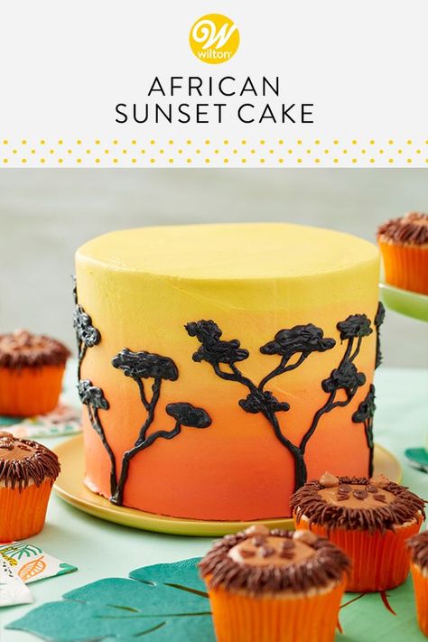 This African Sunset Cake is the perfect centerpiece for your jungle or lion-themed party. Decorated with shades of orange and yellow icing, this buttercream cake also features lovely black trees that pop against the bold background. The top of this cake has plenty of room for customization, a cake topper or birthday candles! Pair with the Fur-rocious Lion Cupcakes! #wiltoncakes #birthdaycakes #birthdayparty #kidsparty #lion #jungle #safari #africa #sunset #buttercreamcake #buttercreamfrosting #c Sunset Cake, Lion Cupcakes, Sunset Theme, Savory Cakes, Orange Icing, Lion King Cakes, Lion King Birthday, African Sunset, Il Re Leone